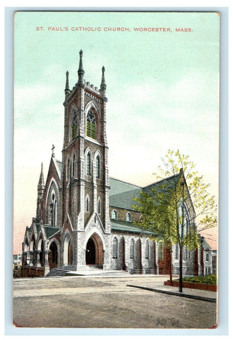 1909 St Paul's Catholic Church View, Worcester, Massachusetts MA Postcard