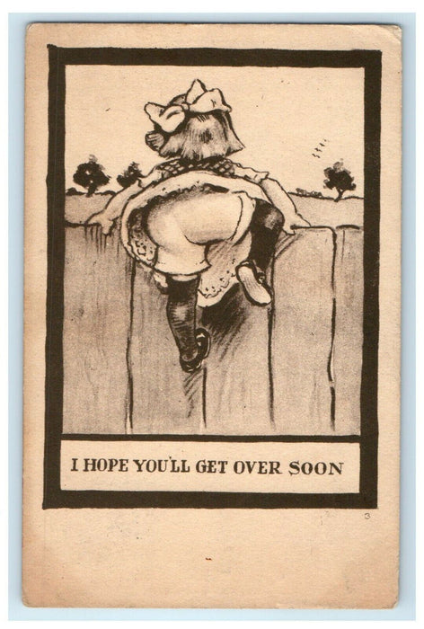 1910 Greetings Girl Climbing I hope You'll Get Over Soon Hamilton Ohio Postcard