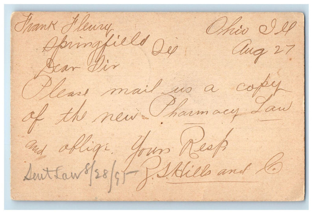 1895 Letter for Frank Fleury Ohio Illinois IL Posted Antique Posted Postcard