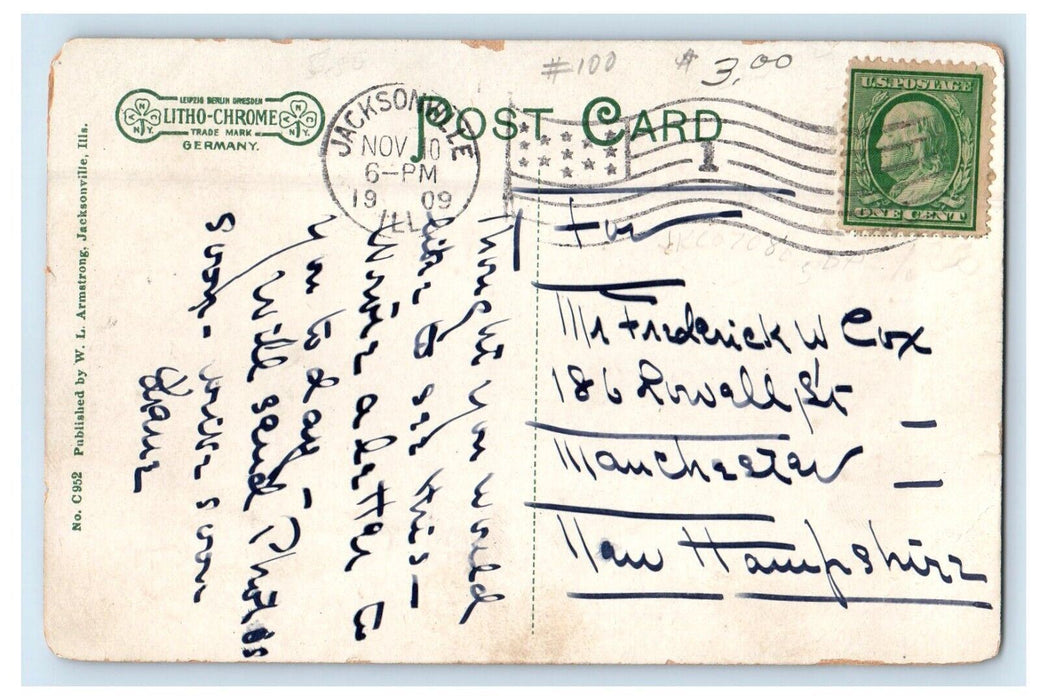 1909 Women's College Building Jacksonville Illinois IL Posted Antique Postcard