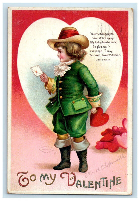 1911 Valentine Boy Holding Letter And Hearts Ellen Clapsaddle  Embossed Postcard