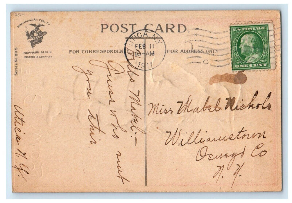 1911 Valentine Boy Holding Letter And Hearts Ellen Clapsaddle  Embossed Postcard