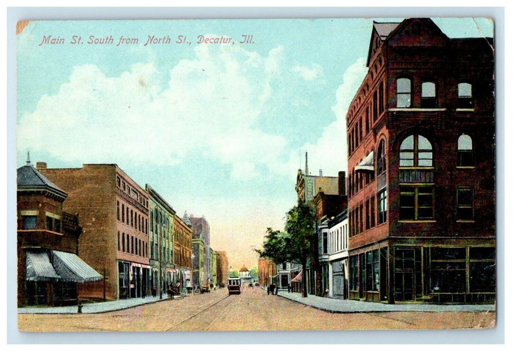 1911 Main Street South From North St. Trolley Decatur Illinois IL Postcard
