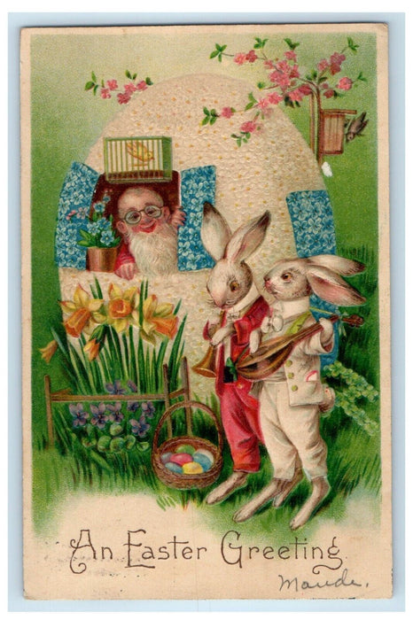 1907 Easter Greetings Anthropomorphic Rabbits Playing Guitar Egg Basket Postcard