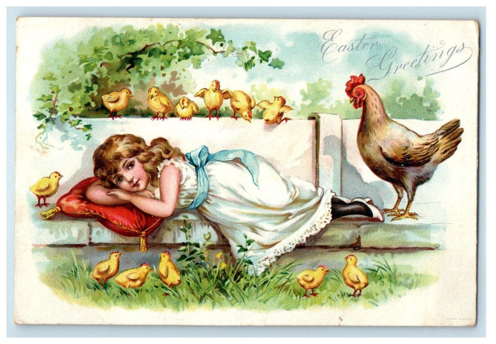 1908 Easter Greetings Pretty Girl And Chick Chicken Embossed Tuck's Postcard