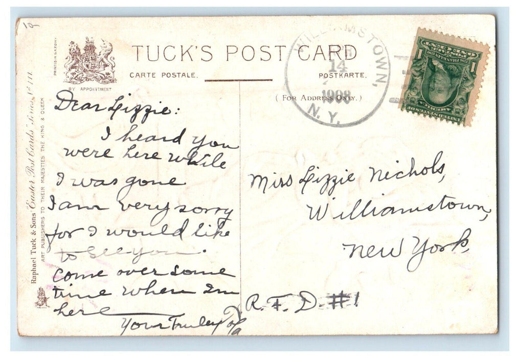 1908 Easter Greetings Pretty Girl And Chick Chicken Embossed Tuck's Postcard
