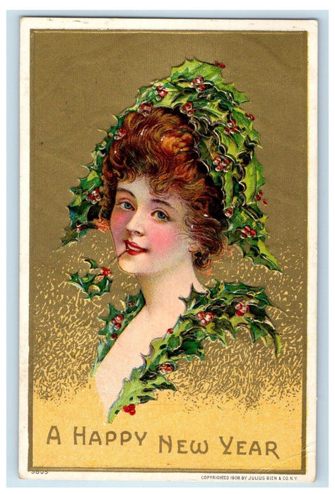 1909 A Happy New Year Greetings Victorian Girl Holly Berries Embossed Postcard