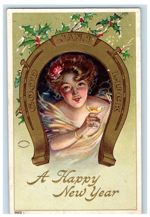 Happy New Year Horseshoe Victorian Girl Champagne Wine Toast Embossed Postcard