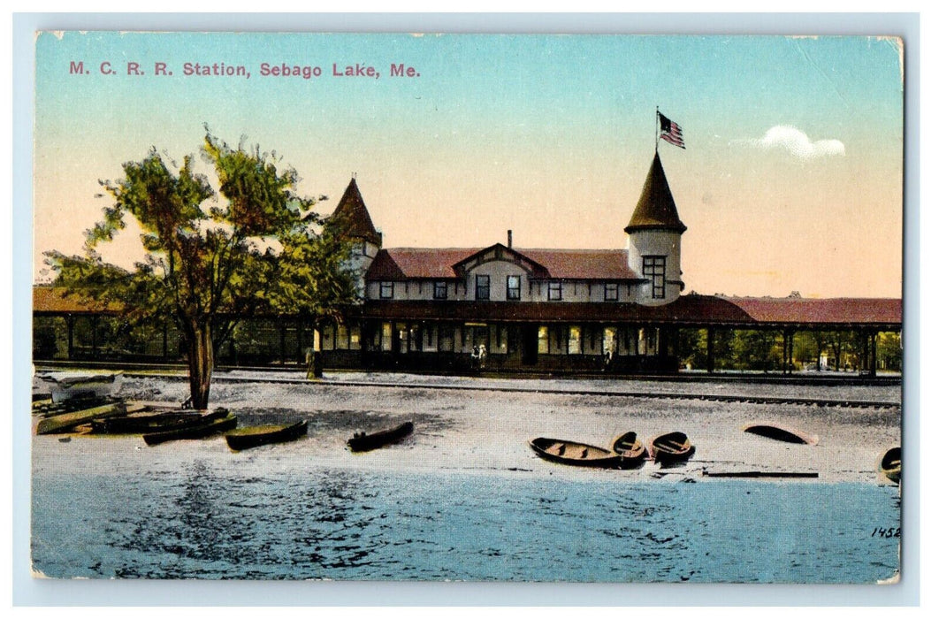 c1910's M. C. R. R. Station Depot Beach Boat Sabago Lake Maine ME Postcard