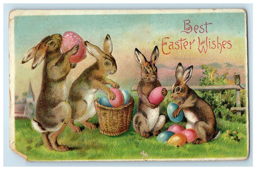 1909 Best Easter Wishes Rabbits Collect Eggs Basket Embossed Germany Postcard