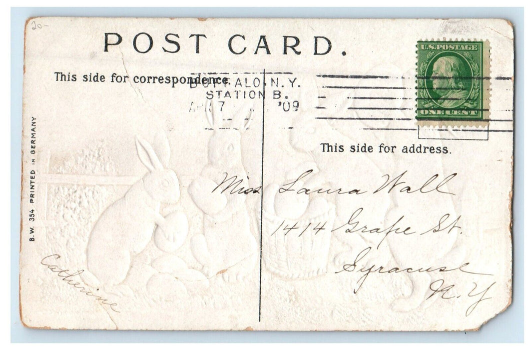 1909 Best Easter Wishes Rabbits Collect Eggs Basket Embossed Germany Postcard