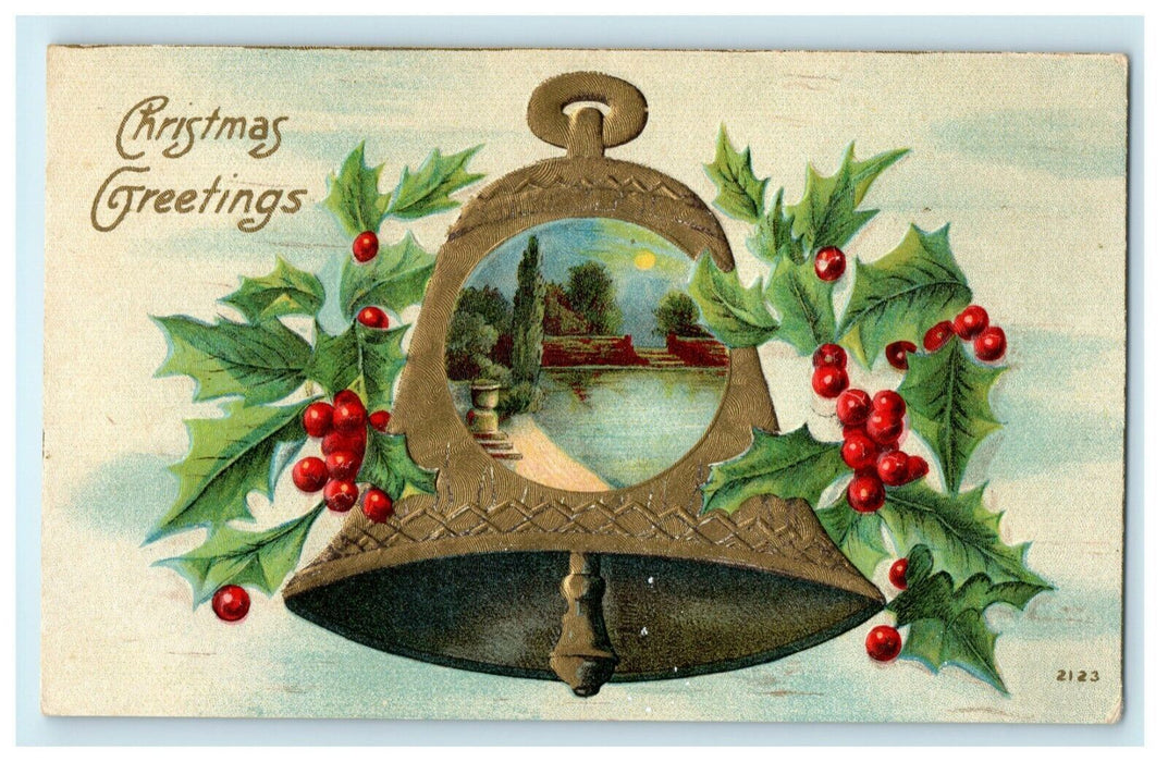 Vintage 1910's Christmas Bells Holly Gold Embossed Antique Postcard
