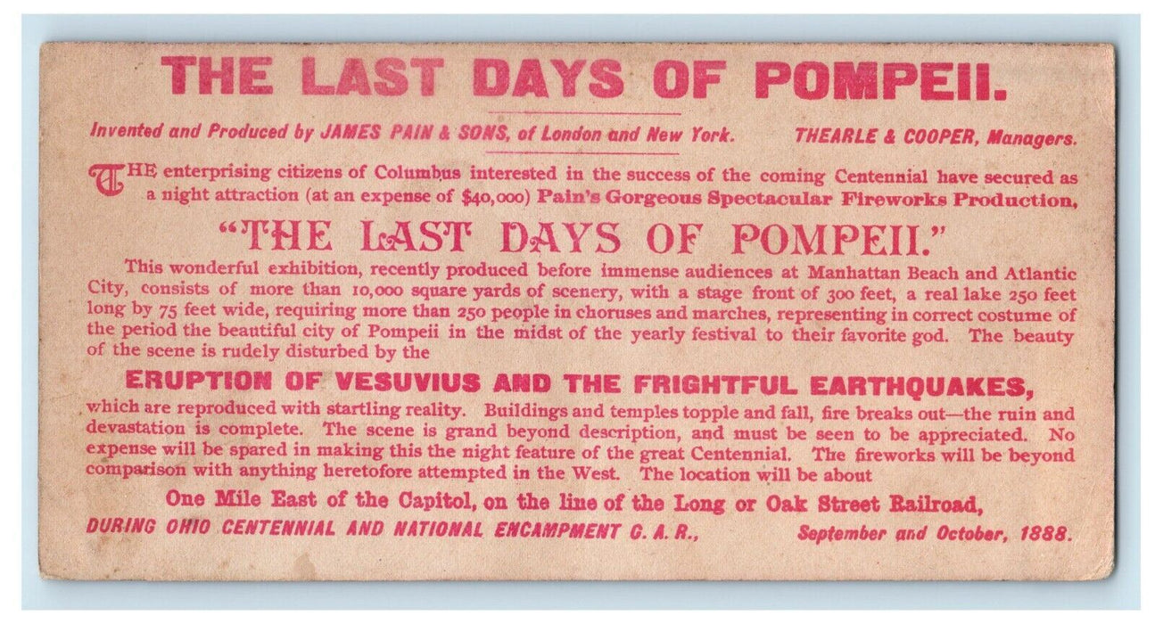 1888 Last Days of Pompeii Show Columbus Ohio OH Advertising GAR Trade Card