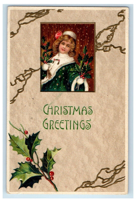 1908 Christmas Greetings Pretty Girl Holly Berries Embossed Natick MA Postcard