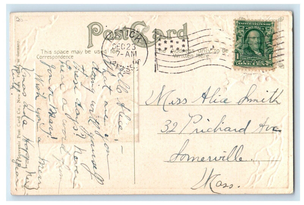 1908 Christmas Greetings Pretty Girl Holly Berries Embossed Natick MA Postcard