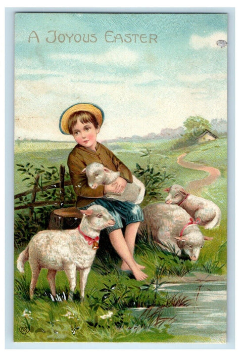 c1910's Easter Greetings Boy And Lambs Farm House Embossed Germany Postcard