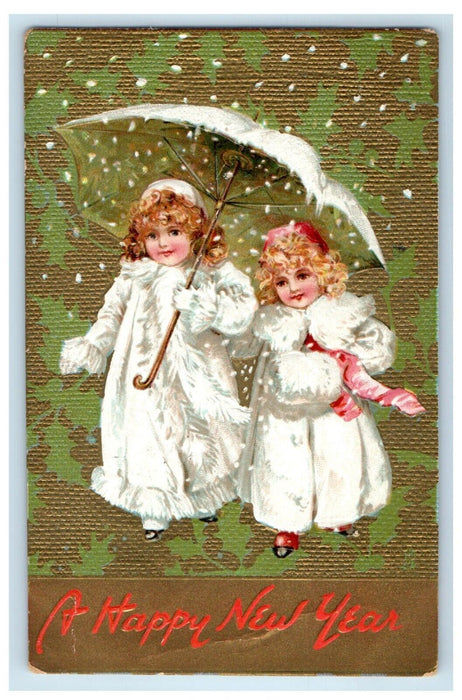 c1910's Happy New Year Cute Girls Curly Hair Umbrella Embossed Tuck's Postcard