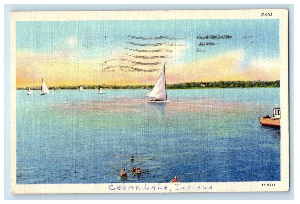 1942 Bathing and Sailboats, Cedar Lake Indiana IN Posted Vintage Postcard