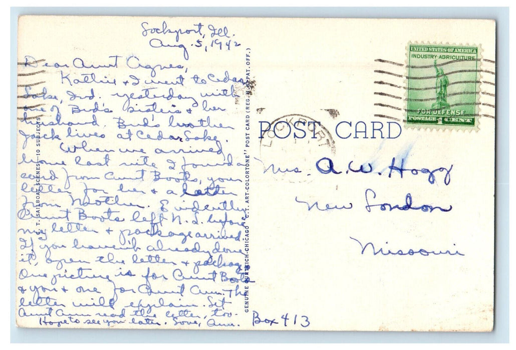 1942 Bathing and Sailboats, Cedar Lake Indiana IN Posted Vintage Postcard