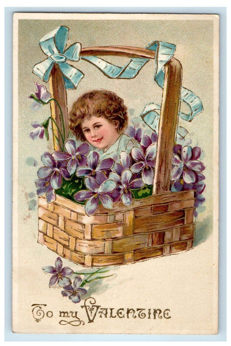 c1910's Valentine Little Girl In The Basket Pansies Flowers Embossed Postcard