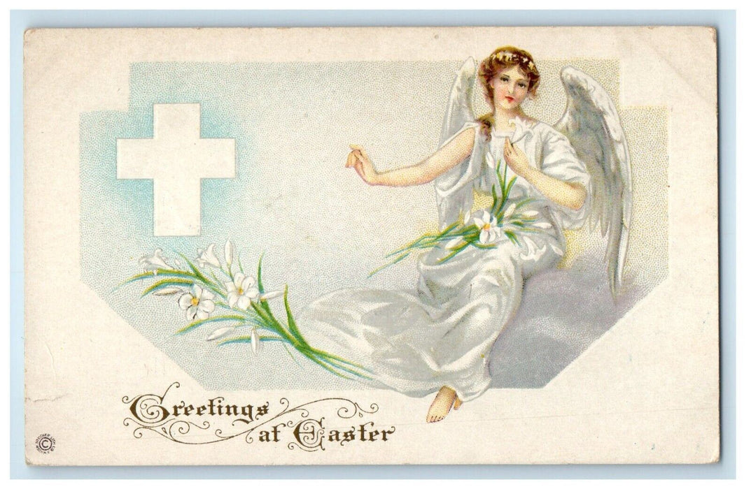 c1910's Easter Greetings Angel Cherub Cross Lily Flowers Embossed Postcard