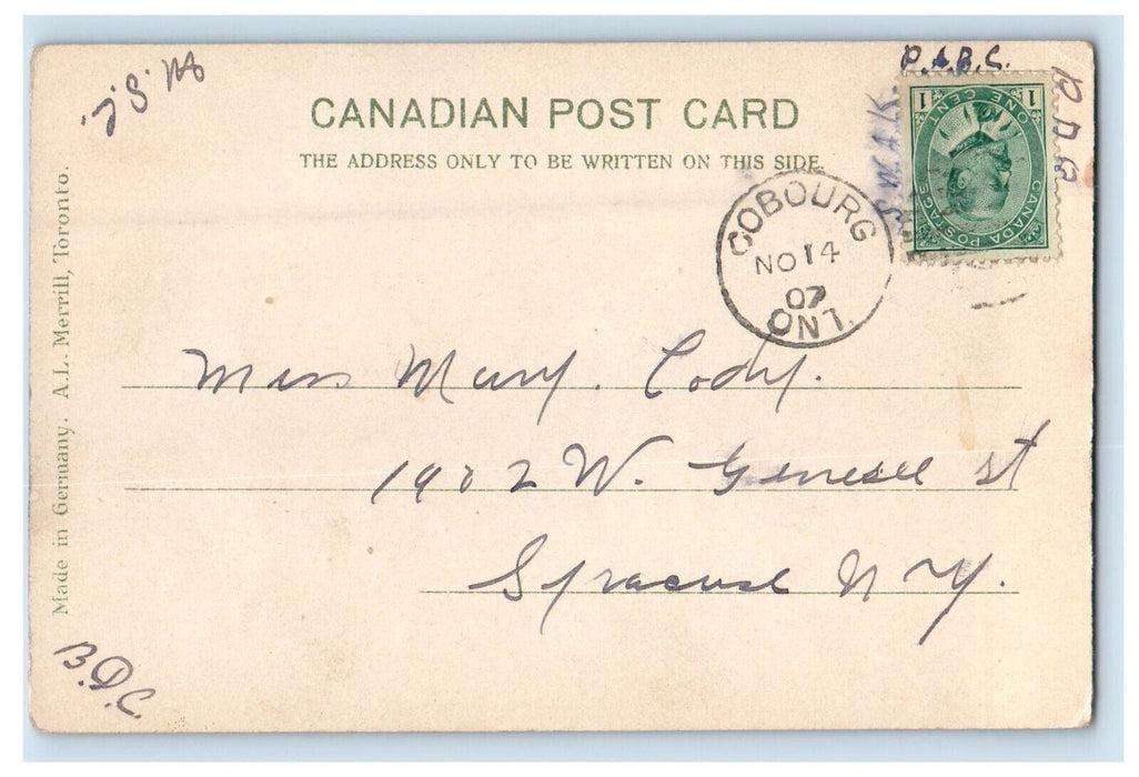 1907 Lover's Lane Cobourg Ontario Canada CA Posted Antique Postcard