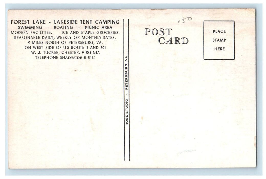 c1940s Forest Lake, Lakeside Tent Camping, Chester Virginia VA Unposted Postcard