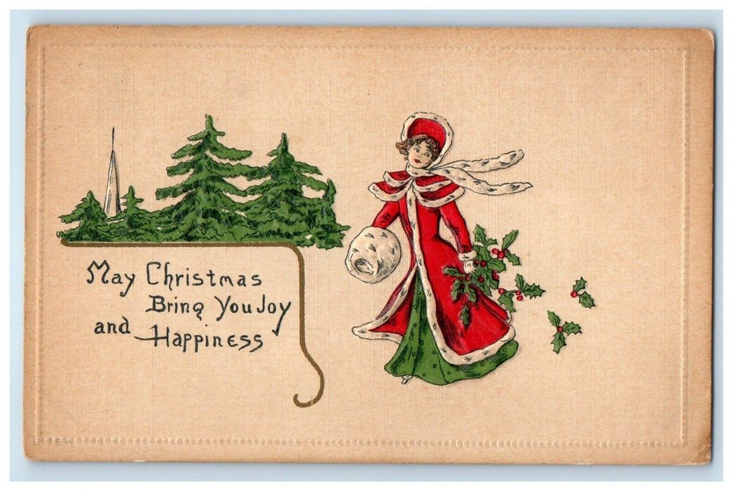 c1910's Christmas Girl Dress Holly Berries Pine Trees Embossed Antique Postcard
