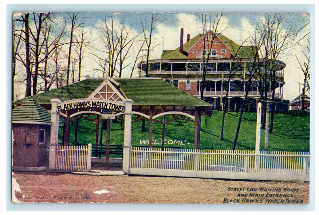 1912 Black Hawks Watch Tower Entrance, Milan Illinois IL Antique Postcard