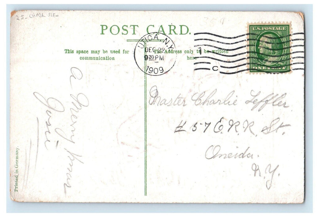 1909 Merry Christmas Girl And Boy Chair Sleigh Winter Snow  Embossed Postcard