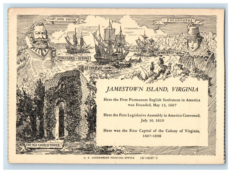 c1910 Pocahontas, Capt John Smith, Ships, Jamestown Island VA Postcard