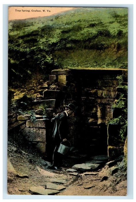 1913 Trap Spring Grafton West Virginia WV, Man With Bucket Antique Postcard