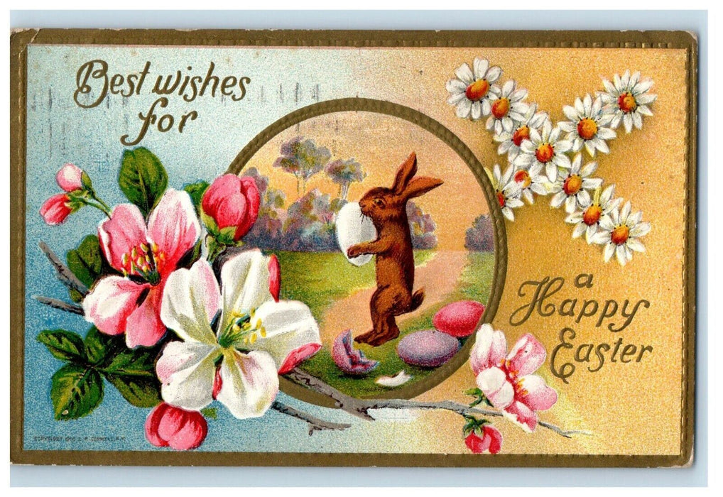 c1910's A Happy Easter Rabbit Eggs Lily Flowers Embossed Antique Postcard