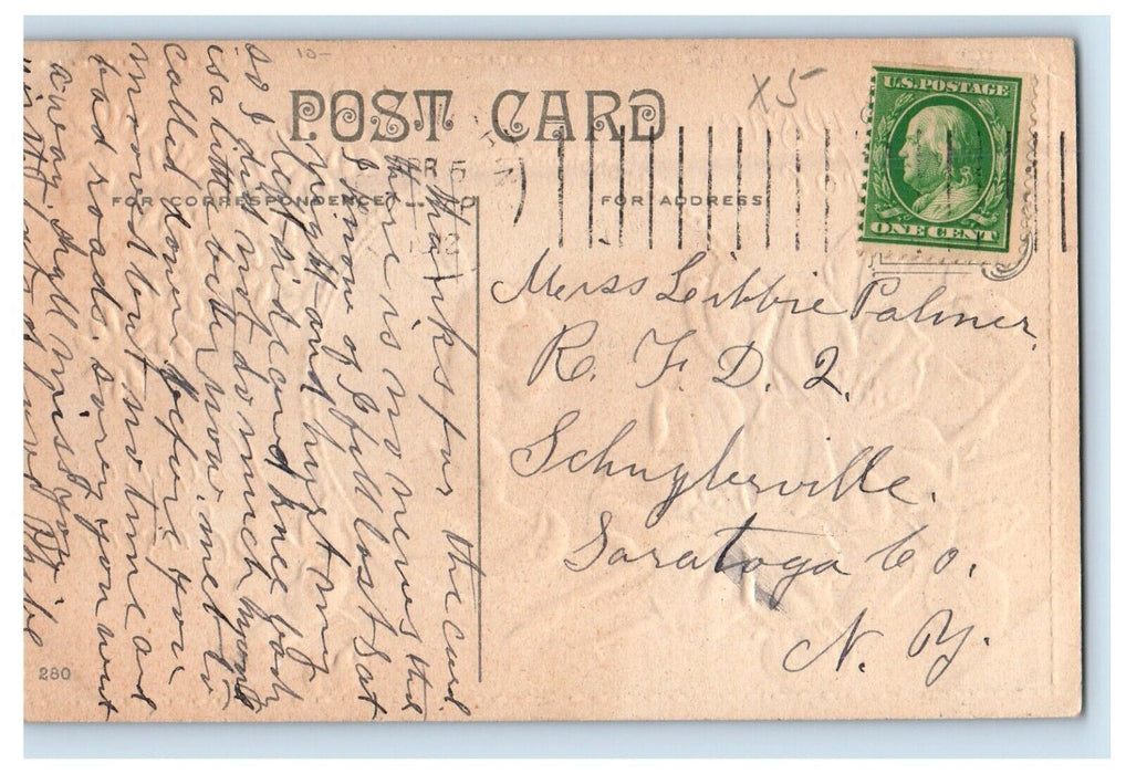 c1910's A Happy Easter Rabbit Eggs Lily Flowers Embossed Antique Postcard
