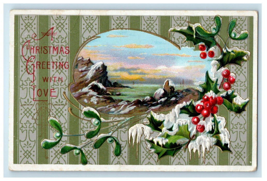 c1910's Christmas Greetings Holly Berries Covered Snow Embossed Antique Postcard