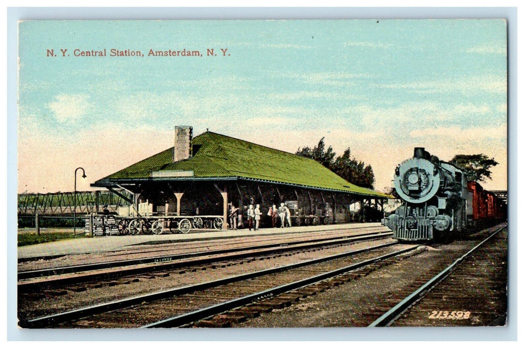 c1910's N. Y. Central Station Depot Railroad Train Amsterdam New York Postcard