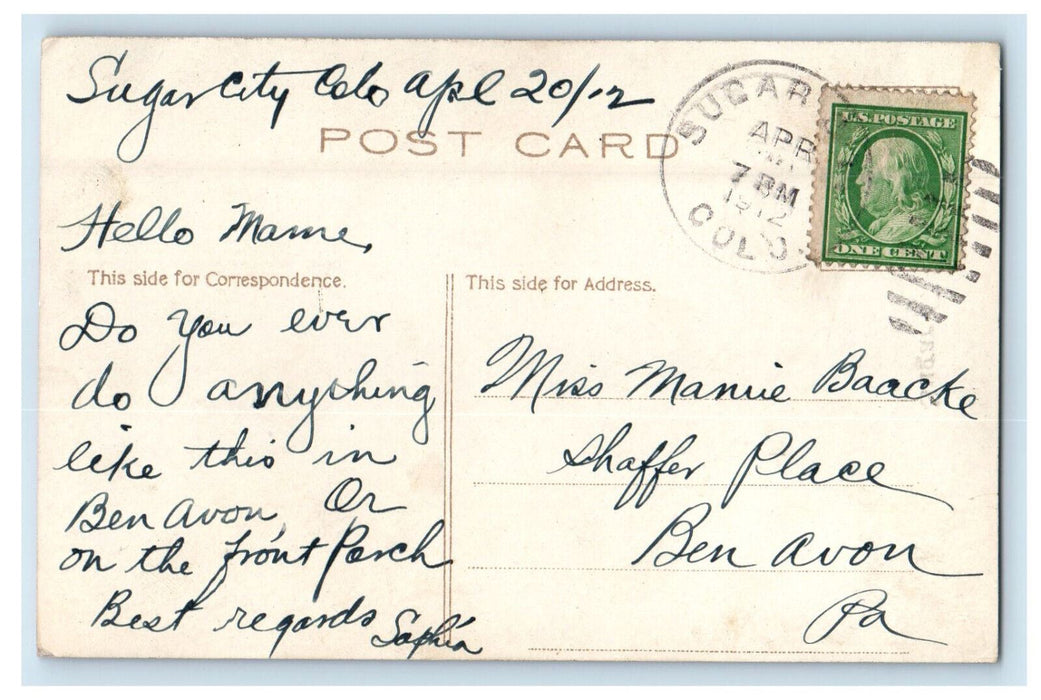 1912 The Business Center of Sugar City Colorado CO Posted Postcard