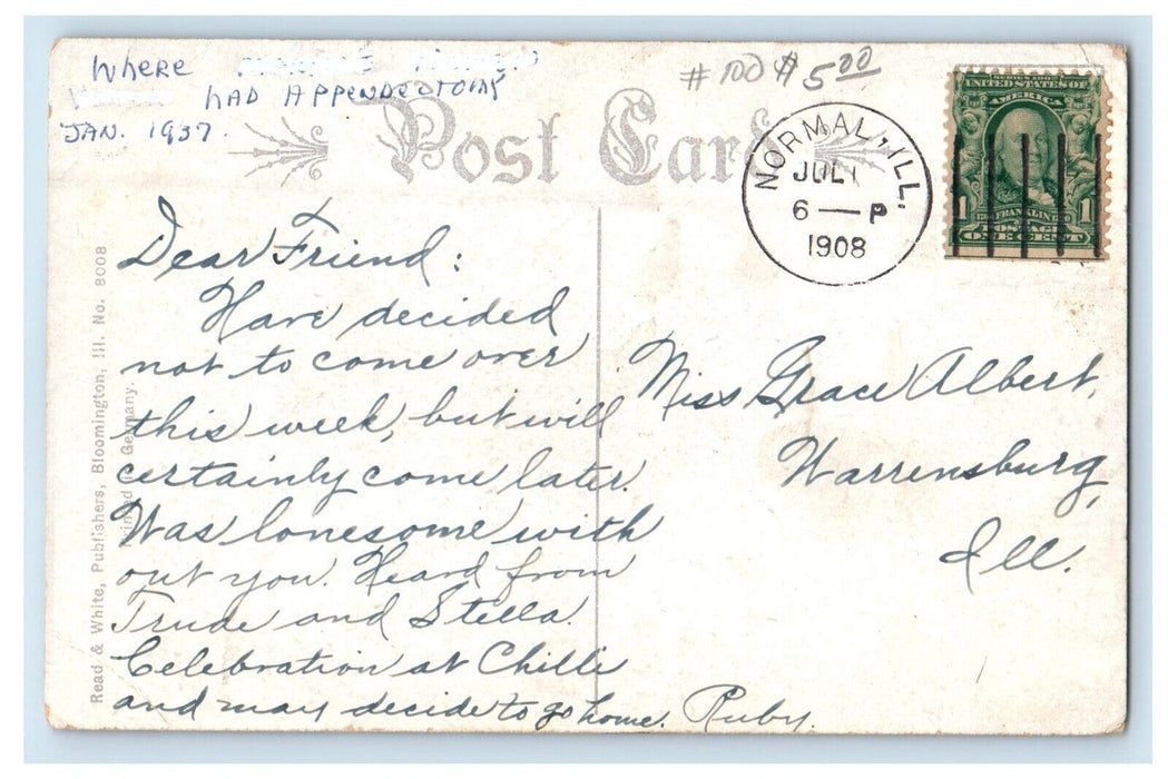 1908 Brokaw Hospital Building Bloomington Illinois IL Posted Antique Postcard