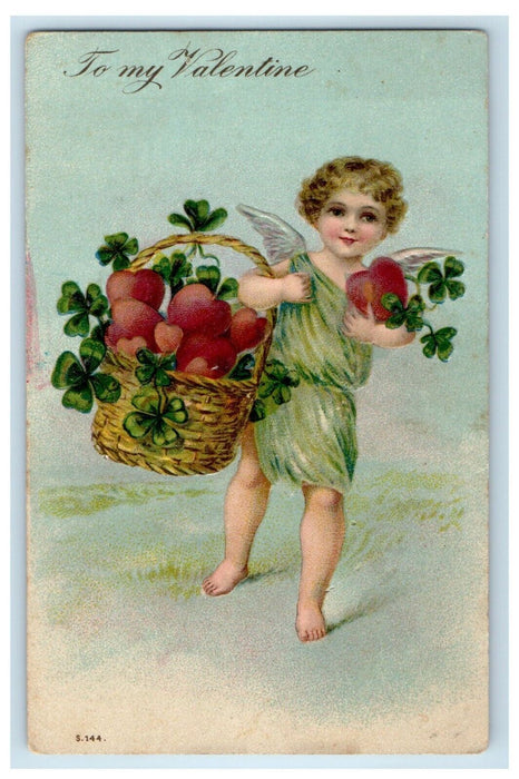 c1910's Valentine Cupid Cherub Hearts And Shamrock In Basket Embossed Postcard