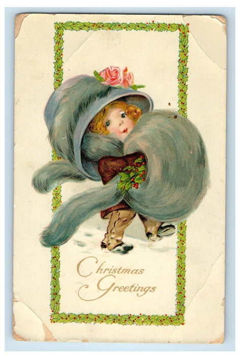 c1910's Christmas Greetings Cute Girl Big Hat Tail Flowers Winsch Back Postcard