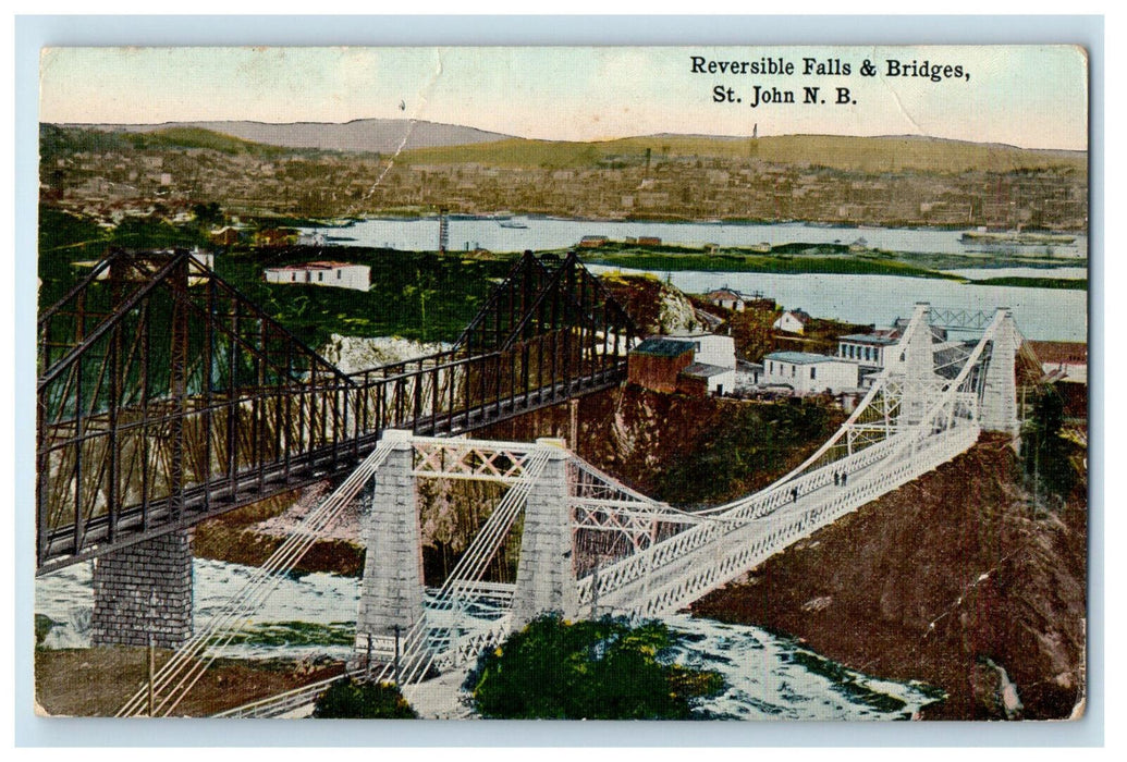 c1910 Reversible Falls & Bridges, St. John New Brunswick Canada CA Postcard
