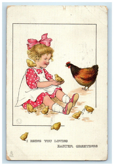 1915 Easter Greetings Little Girl Playing Chicks Hen Embossed Tuck's Postcard