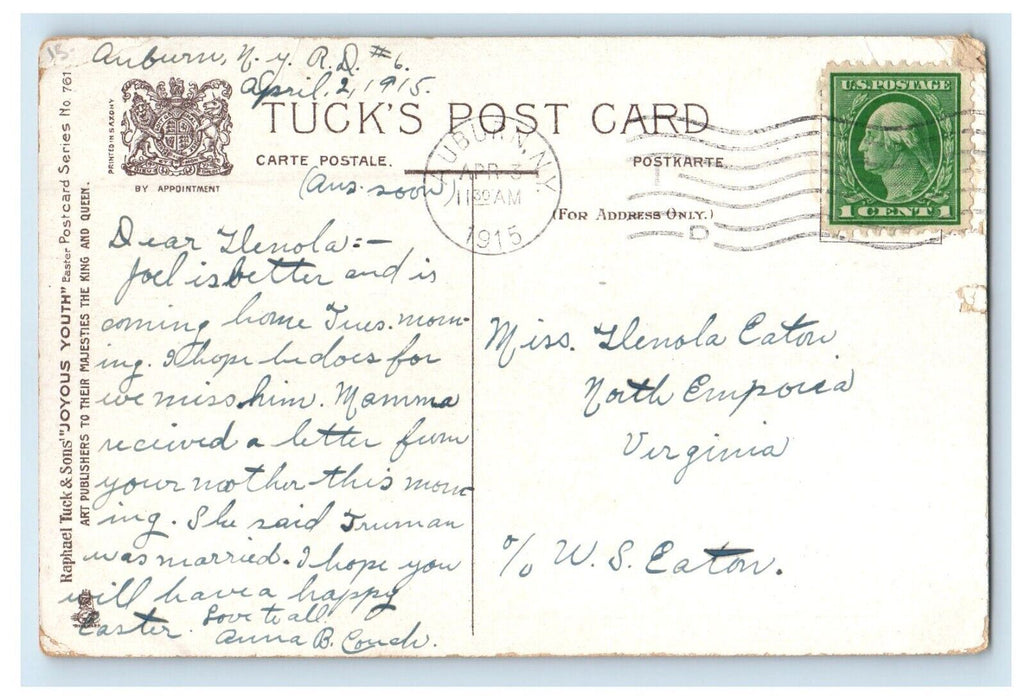1915 Easter Greetings Little Girl Playing Chicks Hen Embossed Tuck's Postcard