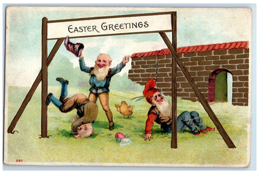 1908 Easter Greetings Elves Gnomes Chick Egg Embossed Detroit MI Posted Postcard