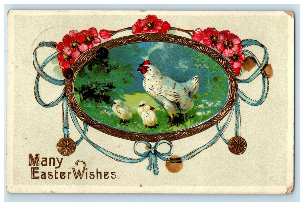 c1910's Easter Wishes Chicken Hen Chicks Gel Gold Gilt Embossed Postcard