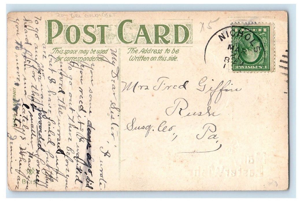 c1910's Easter Wishes Chicken Hen Chicks Gel Gold Gilt Embossed Postcard