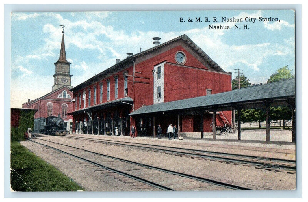 Nashua NH, B. & M. R. R. Railroad Train Depot Station Nashua City Postcard