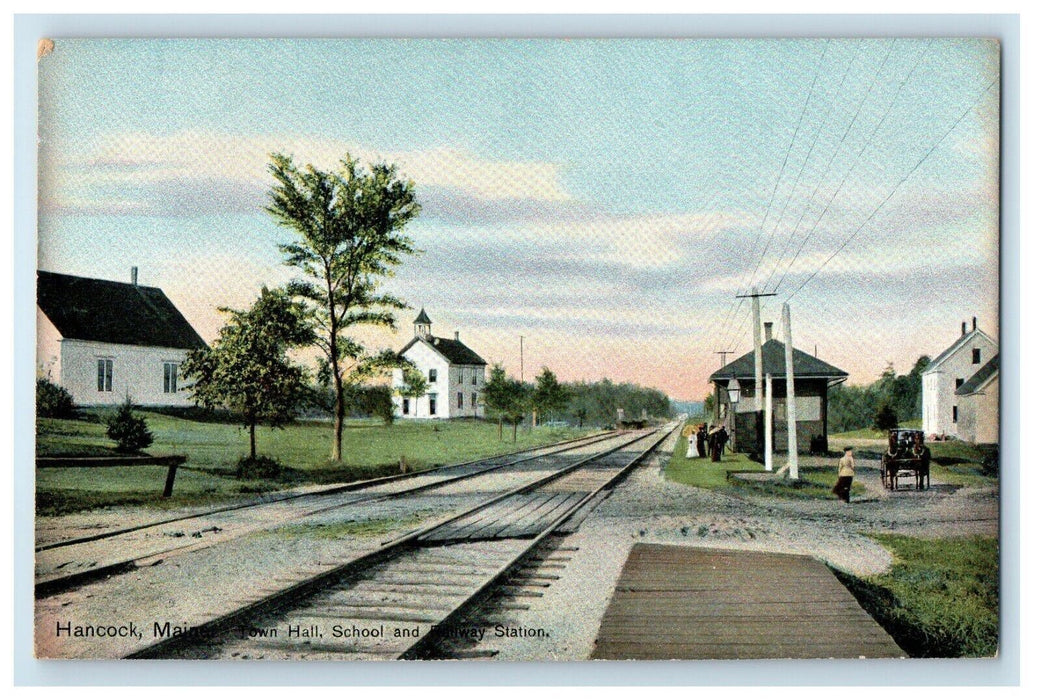 c1910's Hancock Maine ME, Town Hall School And Railway Station Depot Postcard
