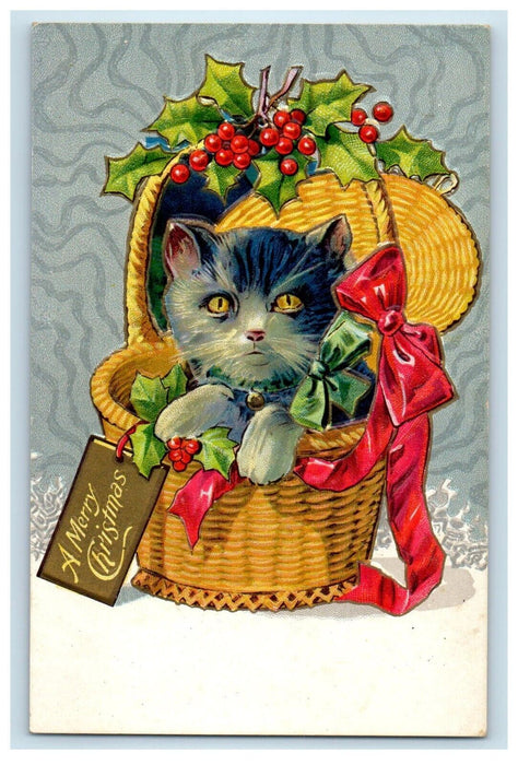 c1910's Christmas Greetings Cat In The Basket Holly Berries Embossed Postcard