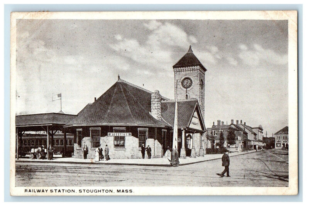 1920 Railway Train Station Depot Tower Clock Stoughton Massachusetts MA Postcard
